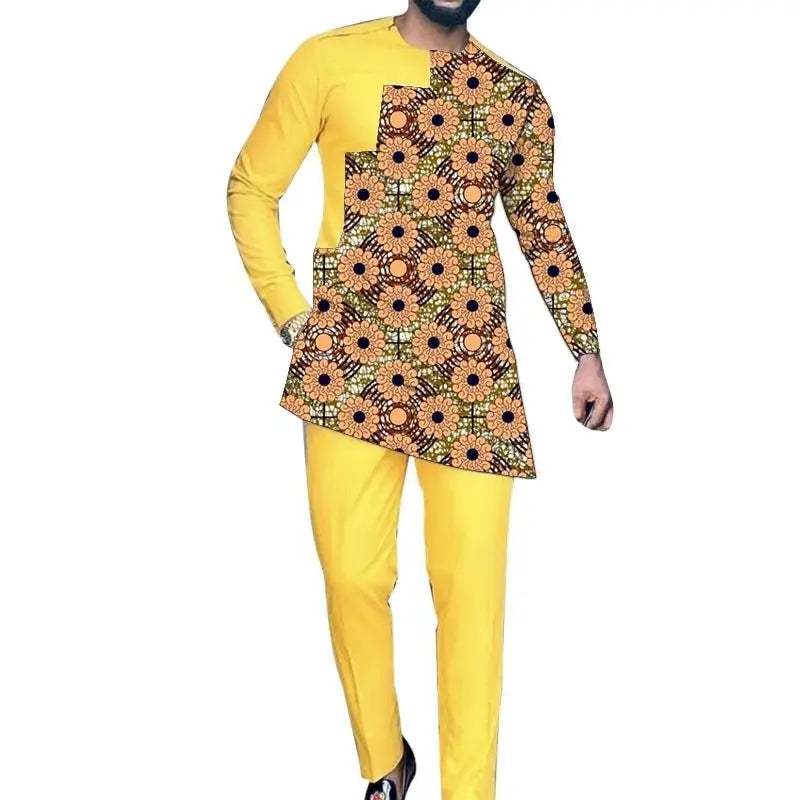 Man wearing a yellow outfit with a patterned shirt on a white background