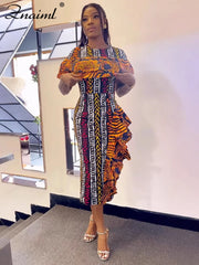 African Festival Print Midi Dress – Elegant Short Sleeve Ruffle Bodycon Summer Outfit