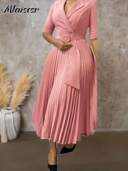 African Pleated A-Line Dress for Women – V-Neck High-Waist Office Dress with Belt