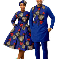 African Print Couples Clothing – Women’s Dress with Headwrap and Men’s Patchwork Top and Pants - Free Delivery Worldwide only at Flexi Africa