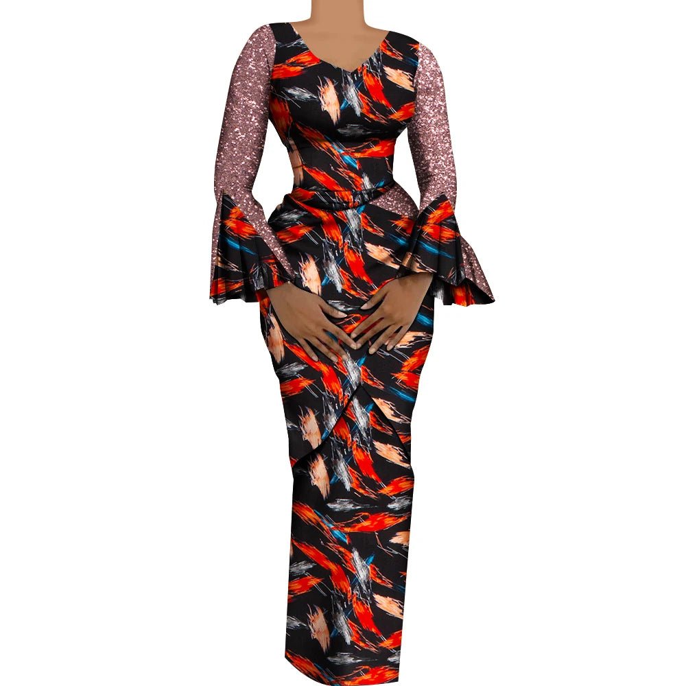 Women African Outfits 2 Pieces Set Shiny Flare Sleeves V Neck Tops and Long Pencil Skirts African Clothes for Women WY9972 - Free Delivery Worldwide only at Flexi Africa