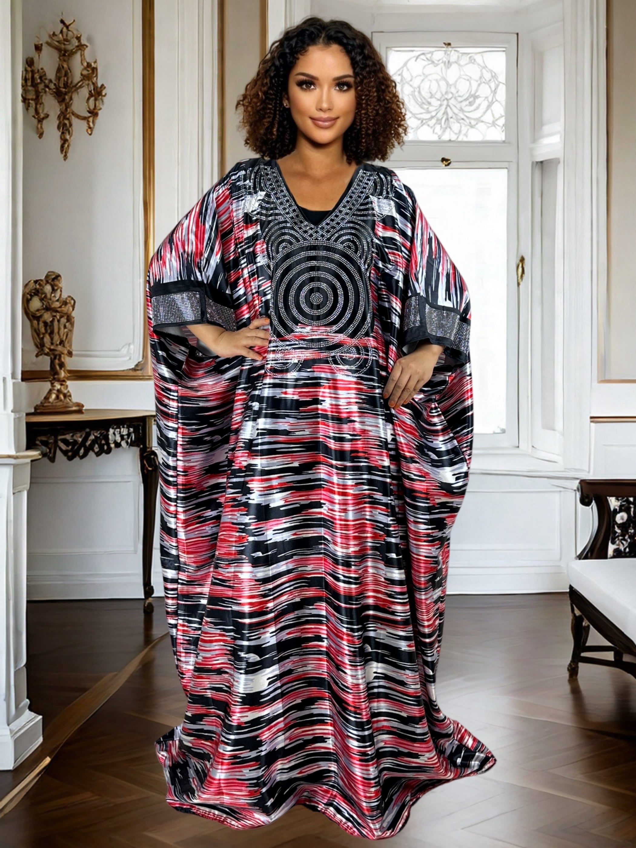 Plus Size Geometric Print Maxi Kaftan – V-Neck, Long Sleeve, Rhinestone Detail, Glossy Finish