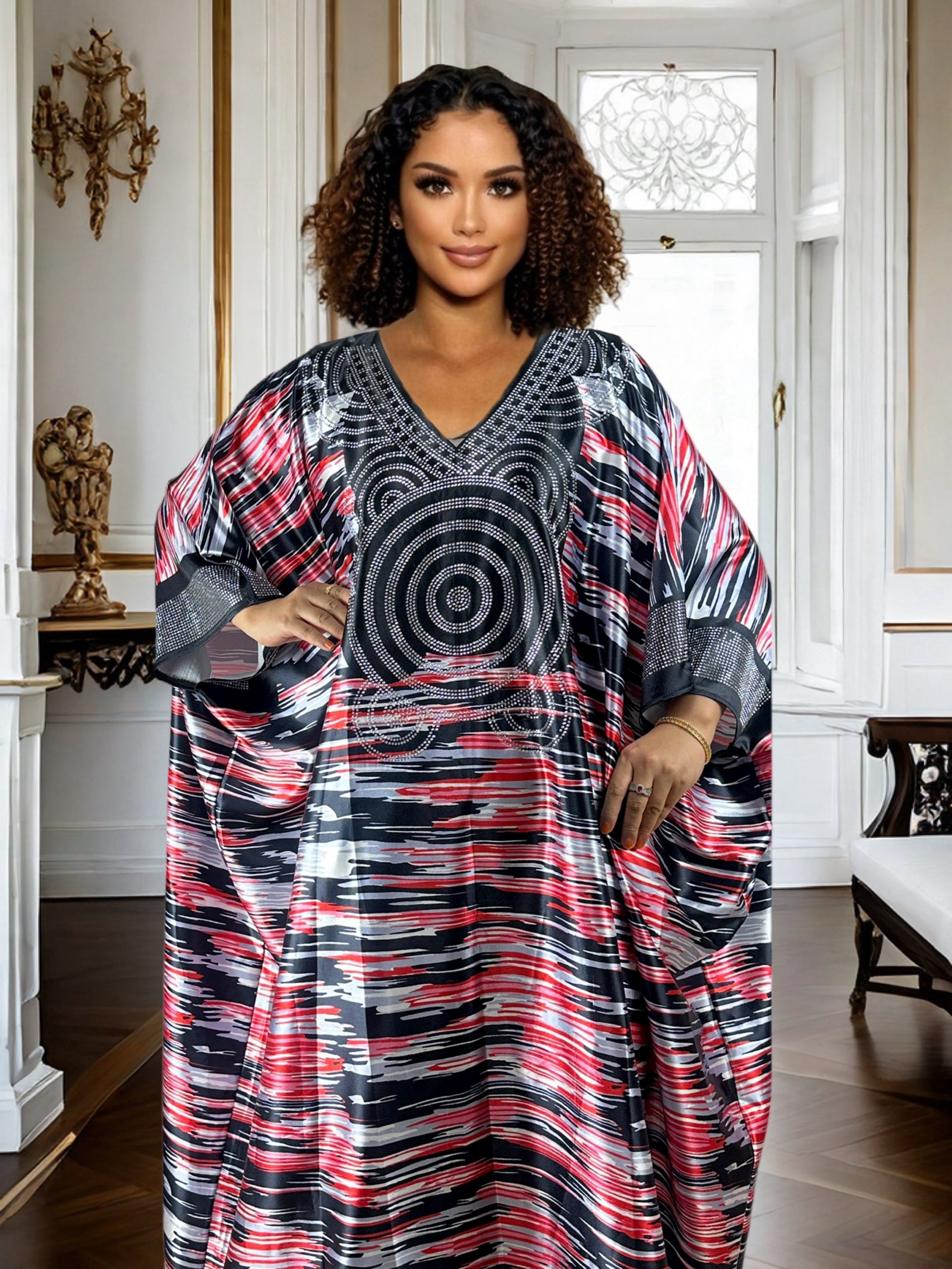 Plus Size Geometric Print Maxi Kaftan – V-Neck, Long Sleeve, Rhinestone Detail, Glossy Finish