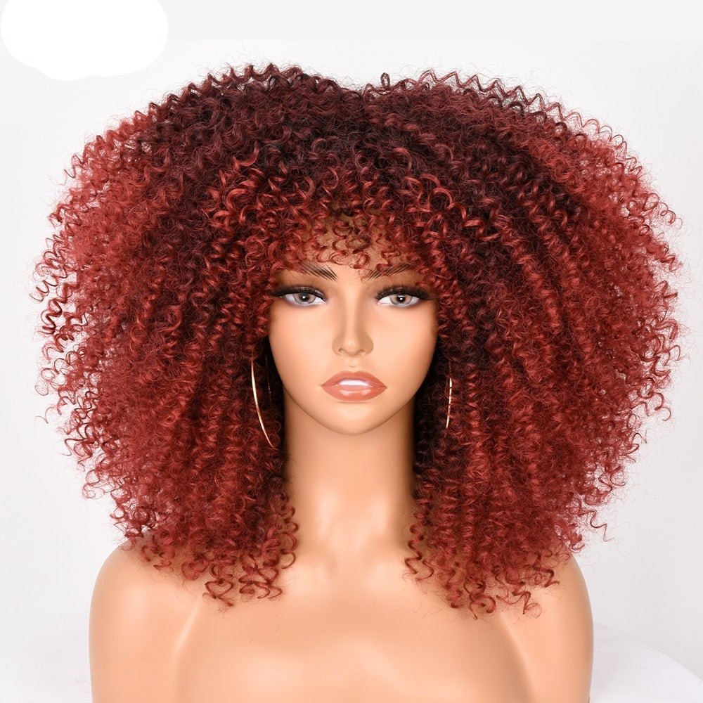 16" Short Kinky Curly Wig with Bangs Natural Synthetic Afro Hair for Black Women - Flexi Africa - Free Delivery Worldwide