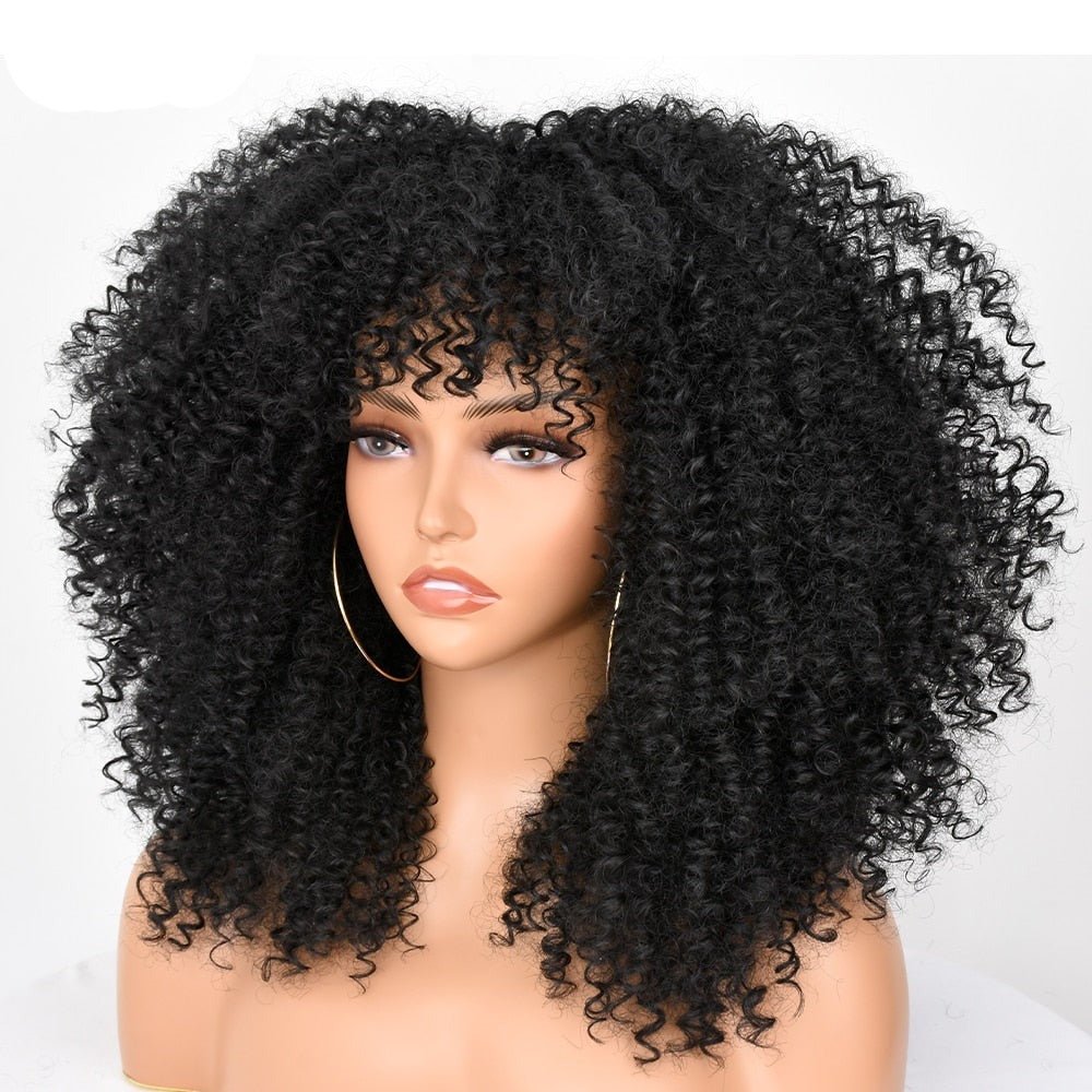 16" Short Kinky Curly Wig with Bangs Natural Synthetic Afro Hair for Black Women - Flexi Africa - Free Delivery Worldwide