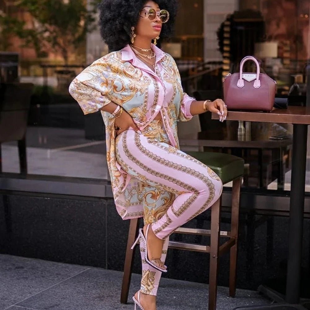 2PC African Pink Print Elastic Bazin Baggy Pants and Dashiki Suit Set - Free Delivery Worldwide only at Flexi Africa