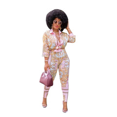 2PC African Pink Print Elastic Bazin Baggy Pants and Dashiki Suit Set - Free Delivery Worldwide only at Flexi Africa