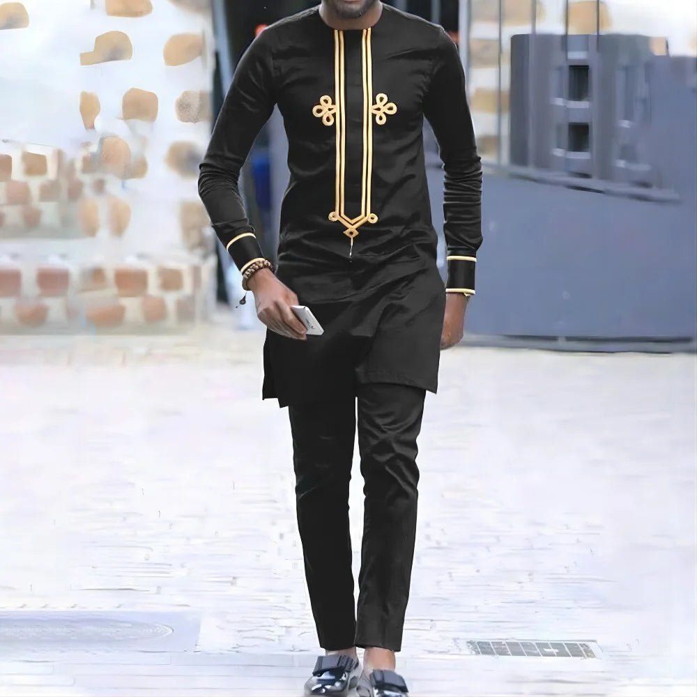 2PC African Traditional Outfit Dashiki Black O-Neck Elegant Suits Luxury Clothing Full Pant Sets - Flexi Africa - Flexi Africa offers Free Delivery Worldwide - Vibrant African traditional clothing showcasing bold prints and intricate designs