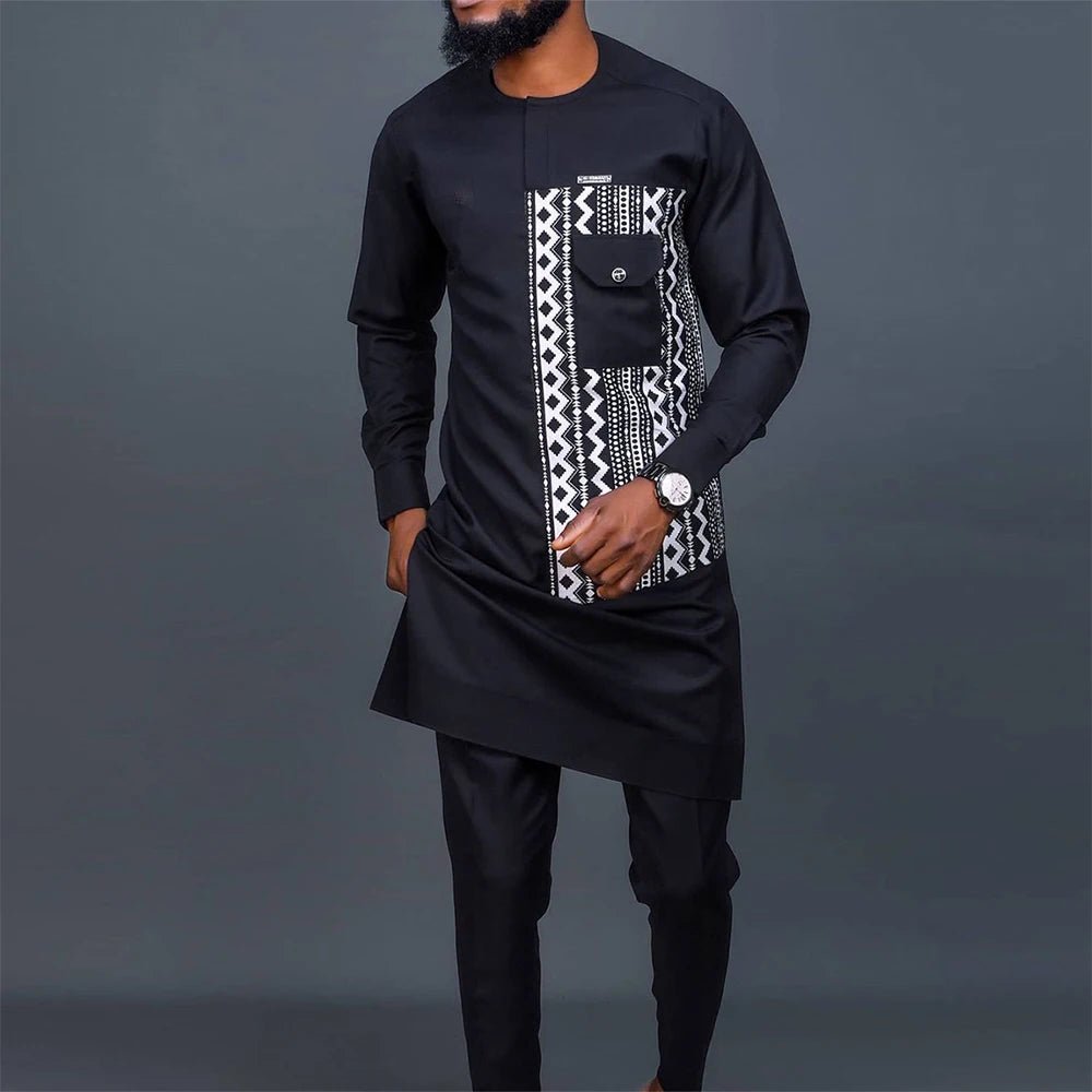 2PC African Traditional Outfit Dashiki Black O-Neck Elegant Suits Luxury Clothing Full Pant Sets - Flexi Africa - Flexi Africa offers Free Delivery Worldwide - Vibrant African traditional clothing showcasing bold prints and intricate designs