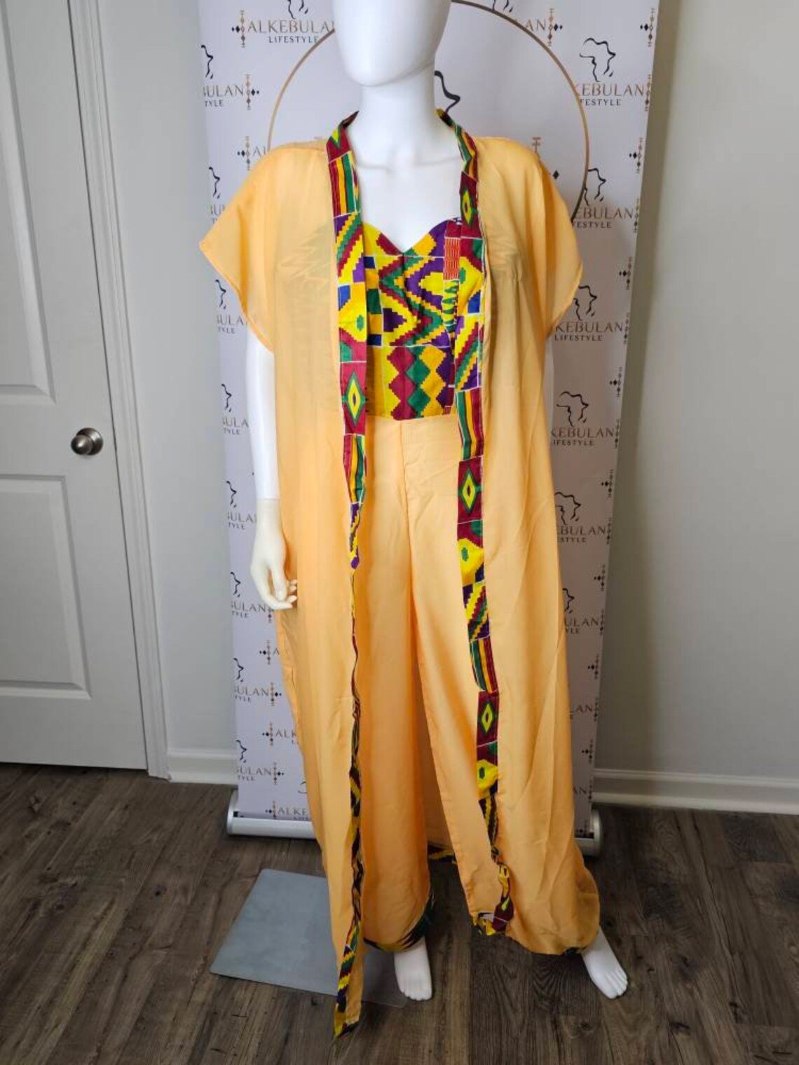 2PC Chiffon Kimono Short Sleeve Jumpsuit Pant Set - Made In Ghana - Flexi Africa - Flexi Africa offers Free Delivery Worldwide - Vibrant African traditional clothing showcasing bold prints and intricate designs