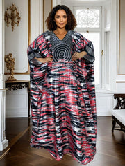 Plus Size Geometric Print Maxi Kaftan – V-Neck, Long Sleeve, Rhinestone Detail, Glossy Finish