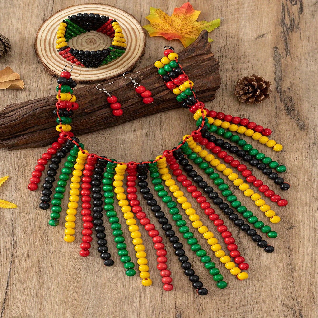 4PCS Earrings Necklace Plus Bracelet Boho Style Jewelry Set Colorful Wooden Beads Traditional Bridal Accessories - Free Delivery Worldwide only at Flexi Africa