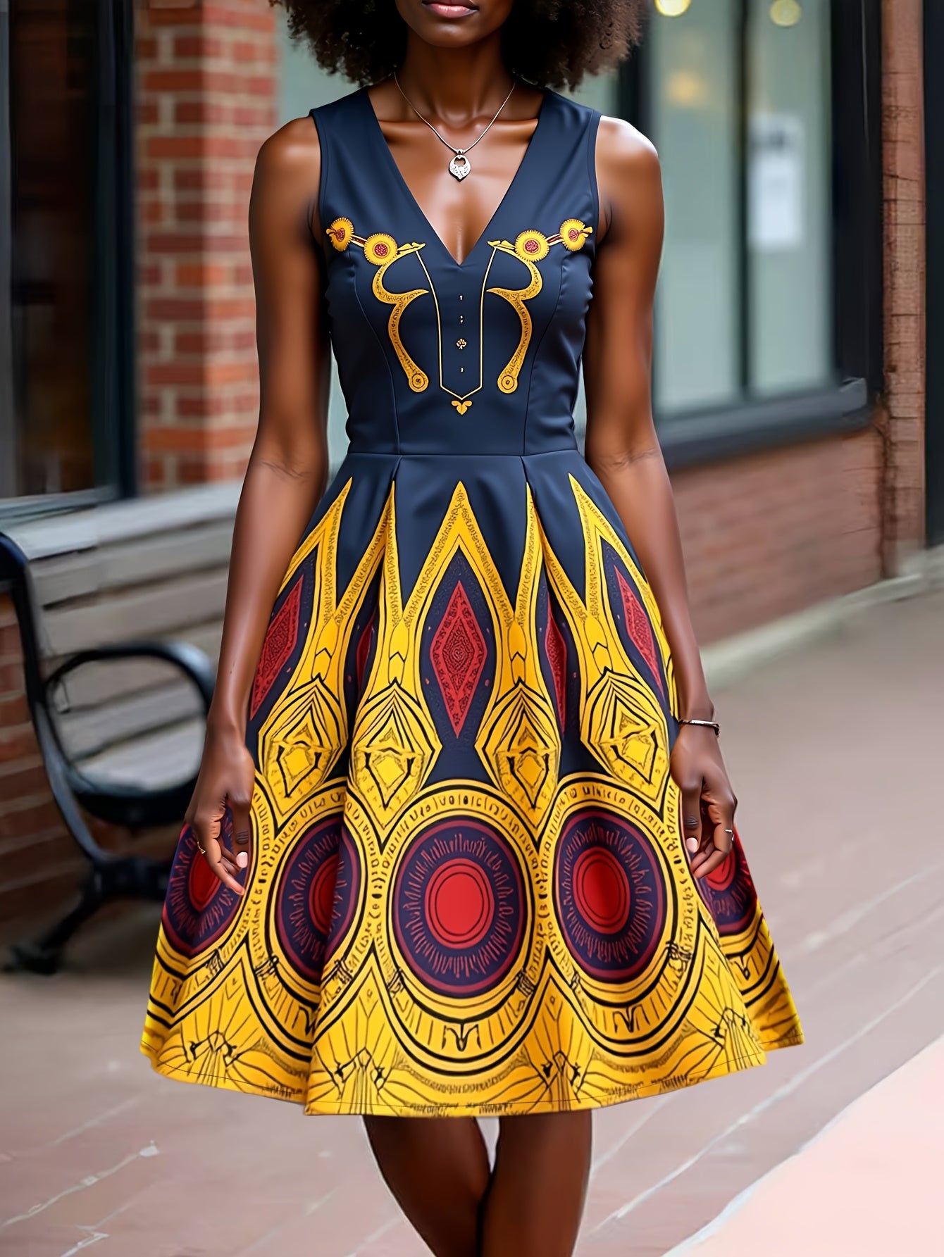 Curvy Fit Printed V-Neck Sleeveless Waist Dress
