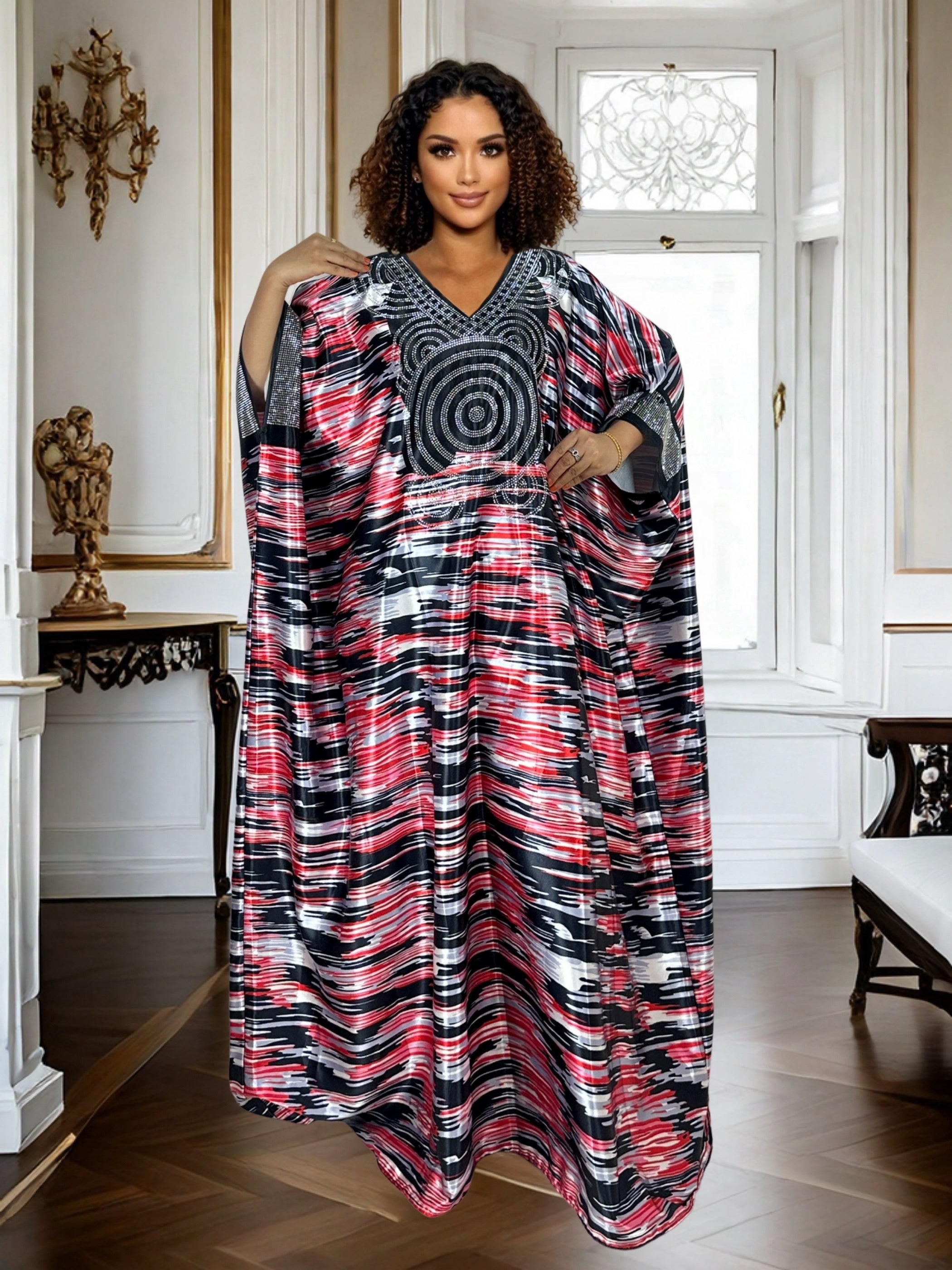 Plus Size Geometric Print Maxi Kaftan – V-Neck, Long Sleeve, Rhinestone Detail, Glossy Finish