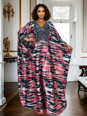 Plus Size Geometric Print Maxi Kaftan – V-Neck, Long Sleeve, Rhinestone Detail, Glossy Finish
