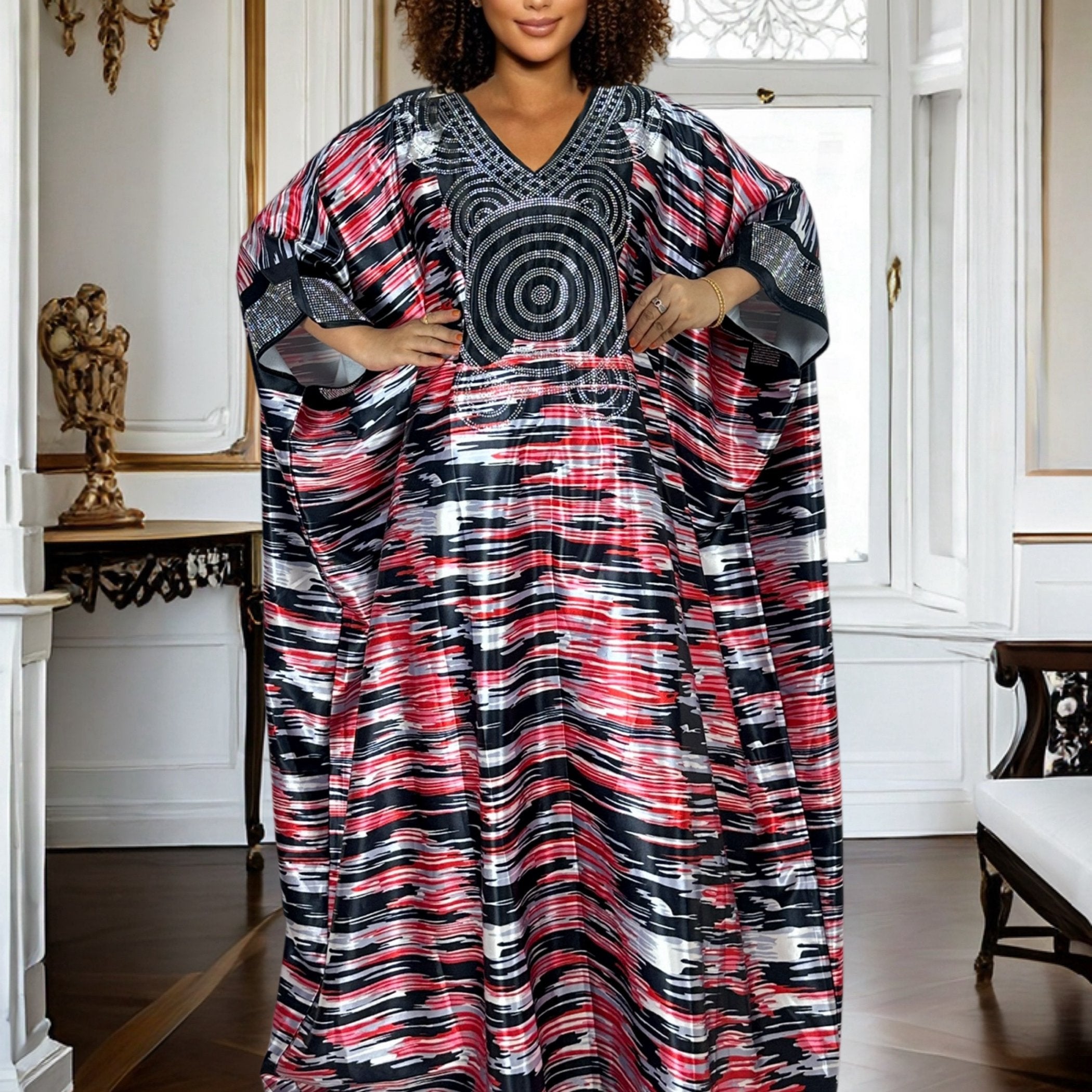 Plus Size Geometric Print Maxi Kaftan – V-Neck, Long Sleeve, Rhinestone Detail, Glossy Finish