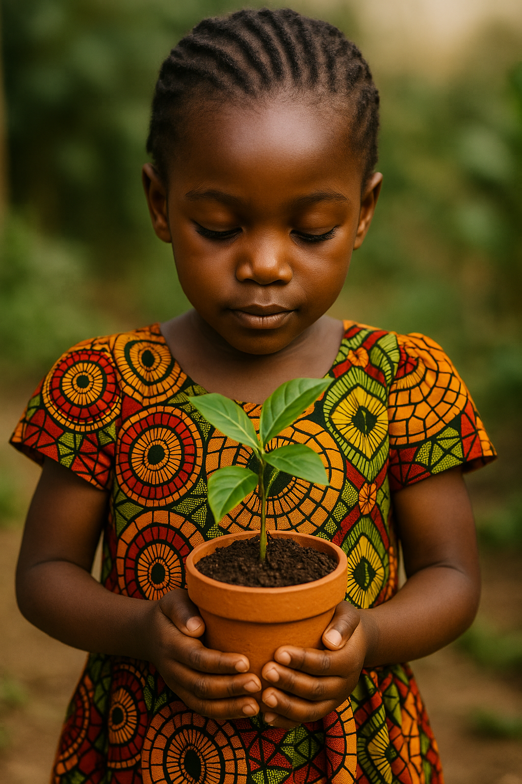 African Child holding a potted plant 