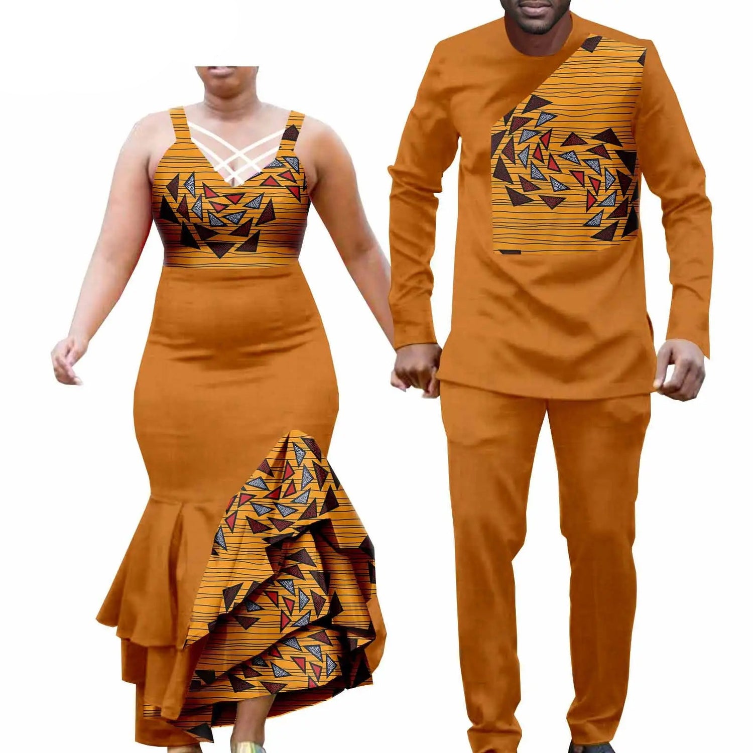 African Couple Matching Outfits – Dashiki Men’s Shirt & Pants Set with Women’s Long Print Dress