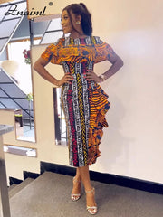 African Festival Print Midi Dress – Elegant Short Sleeve Ruffle Bodycon Summer Outfit