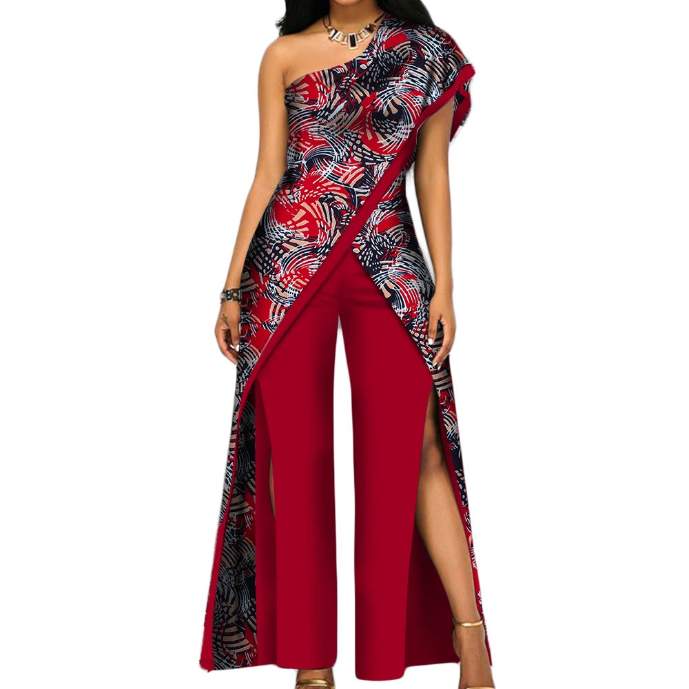 2PC African Women’s Ankara Pant Set – Stylish Off-Shoulder Top and Trousers