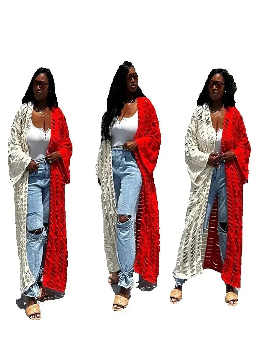 African Fashion Women’s Long Hollow Denim Cardigan Coat – Sexy Summer Swimwear Cover-Up Plus Size
