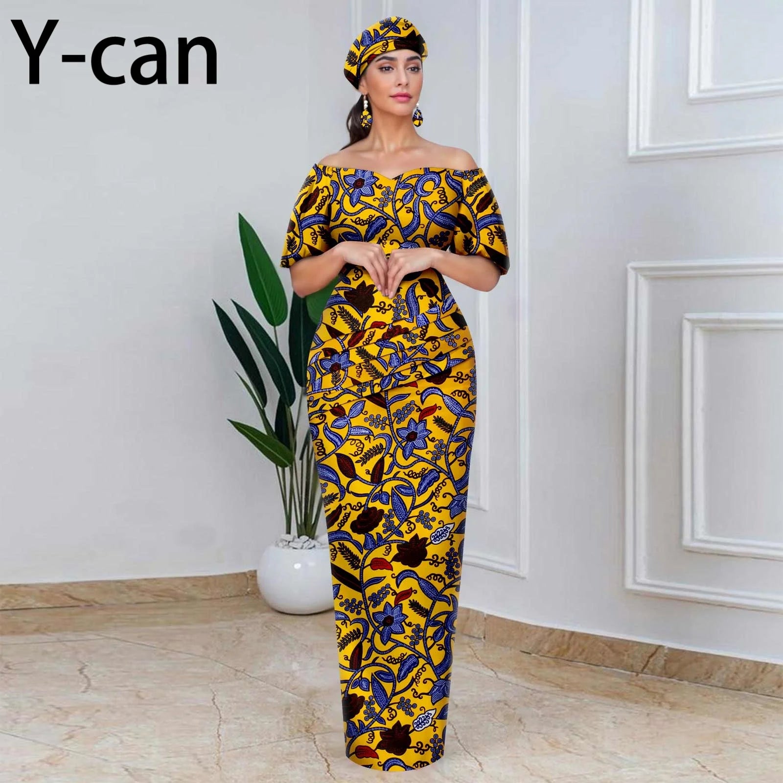 Elegant African Off-Shoulder Maxi Dress with Matching Headscarf & Earrings