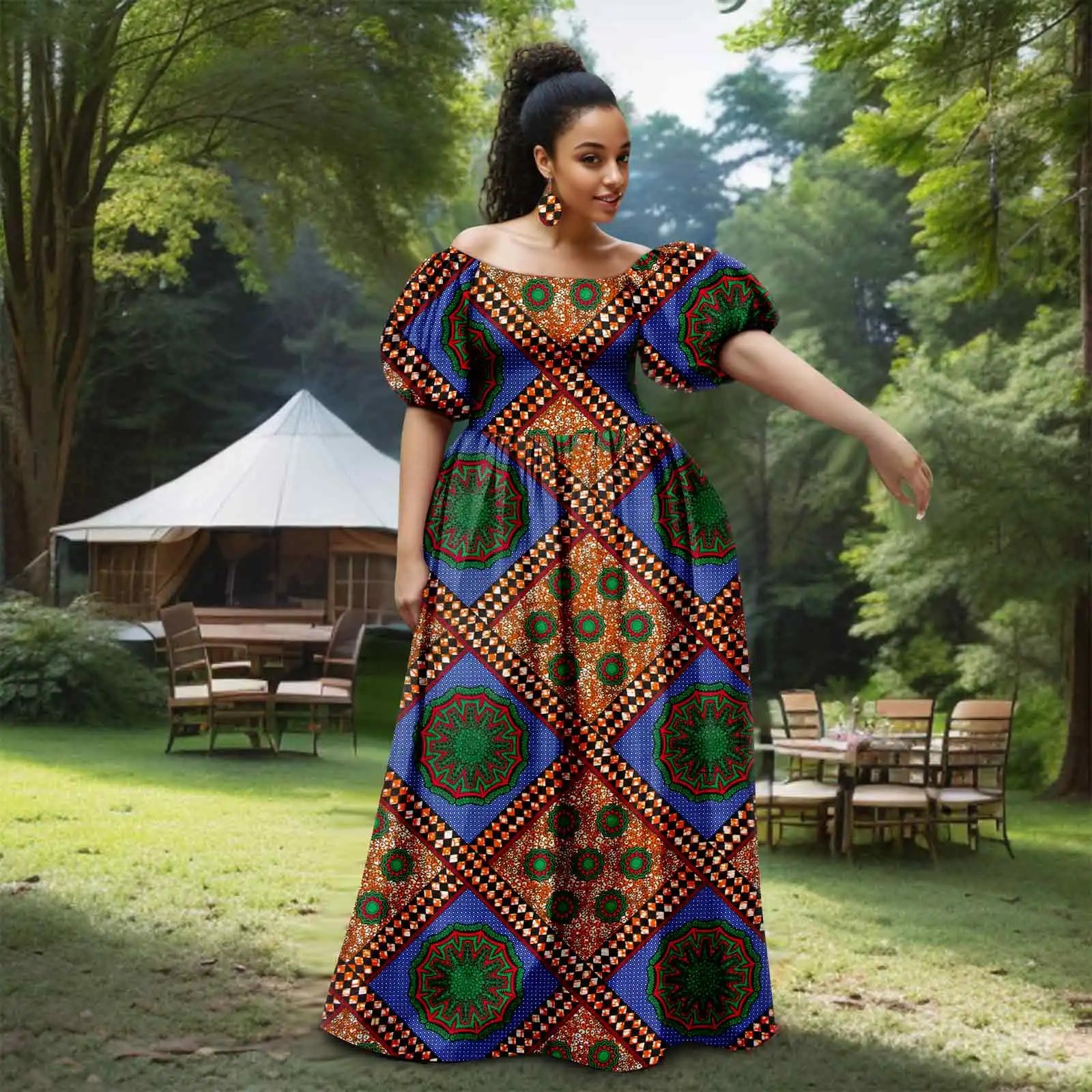 African Women’s Strapless Dress with Bubble Sleeves & Matching Earrings