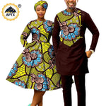 African Print Couples Clothing – Women’s Dress with Headwrap and Men’s Patchwork Top and Pants - Free Delivery Worldwide