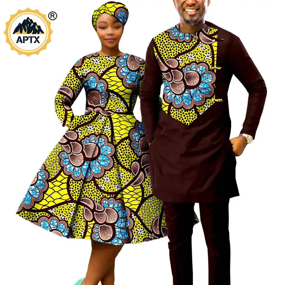 African Print Couples Clothing – Women’s Dress with Headwrap and Men’s Patchwork Top and Pants - Free Delivery Worldwide