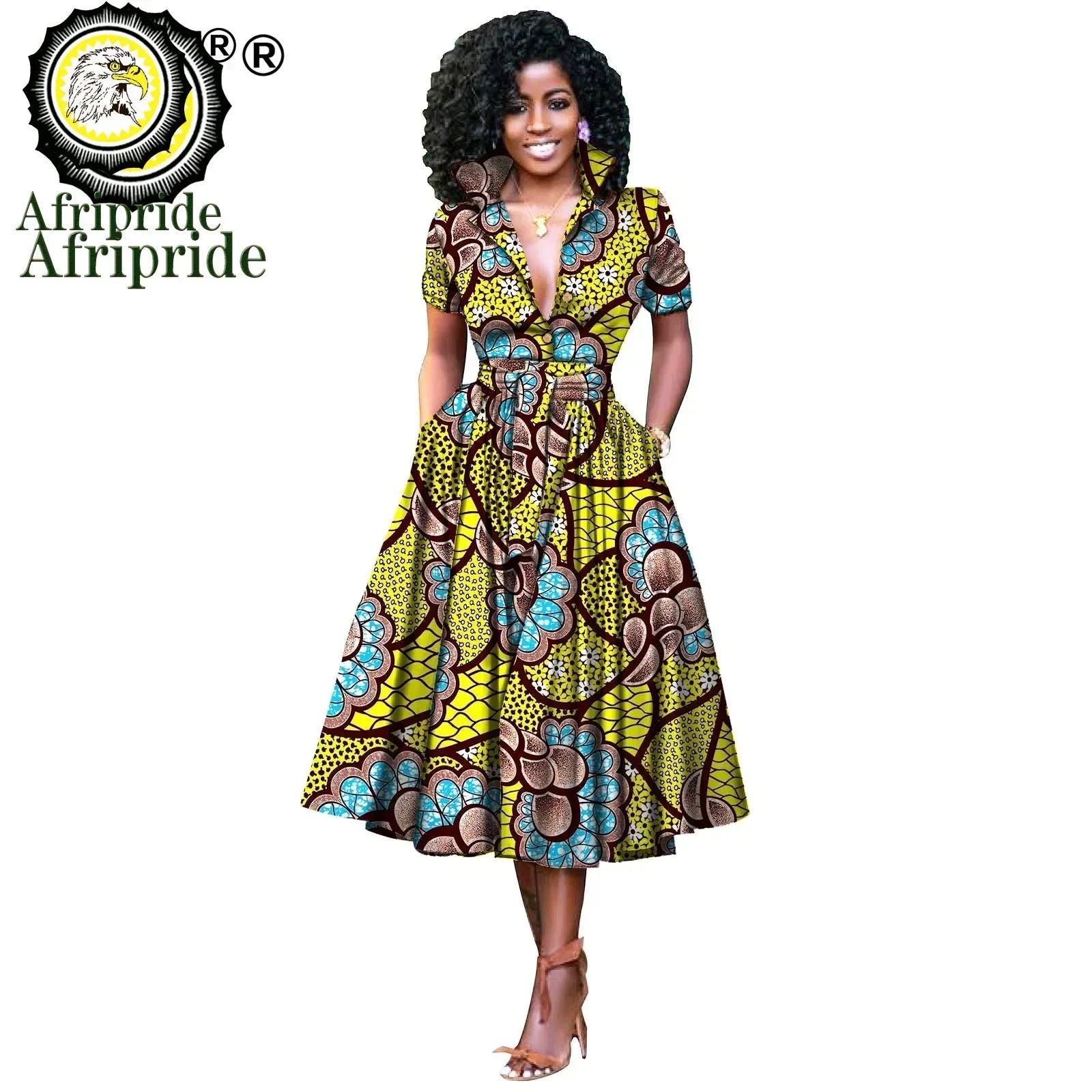 African Women’s Dress – Elegant V-Neck Short Sleeve High-Waist Formal Dress