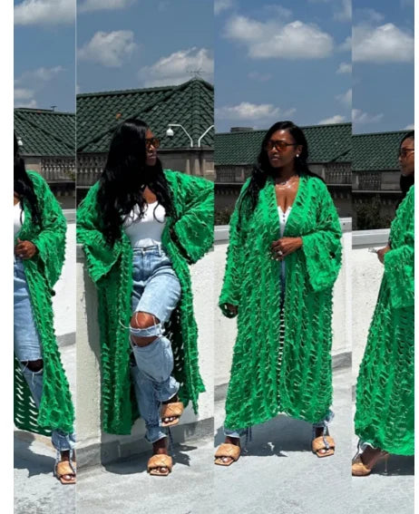 African Fashion Women’s Long Hollow Denim Cardigan Coat – Sexy Summer Swimwear Cover-Up Plus Size