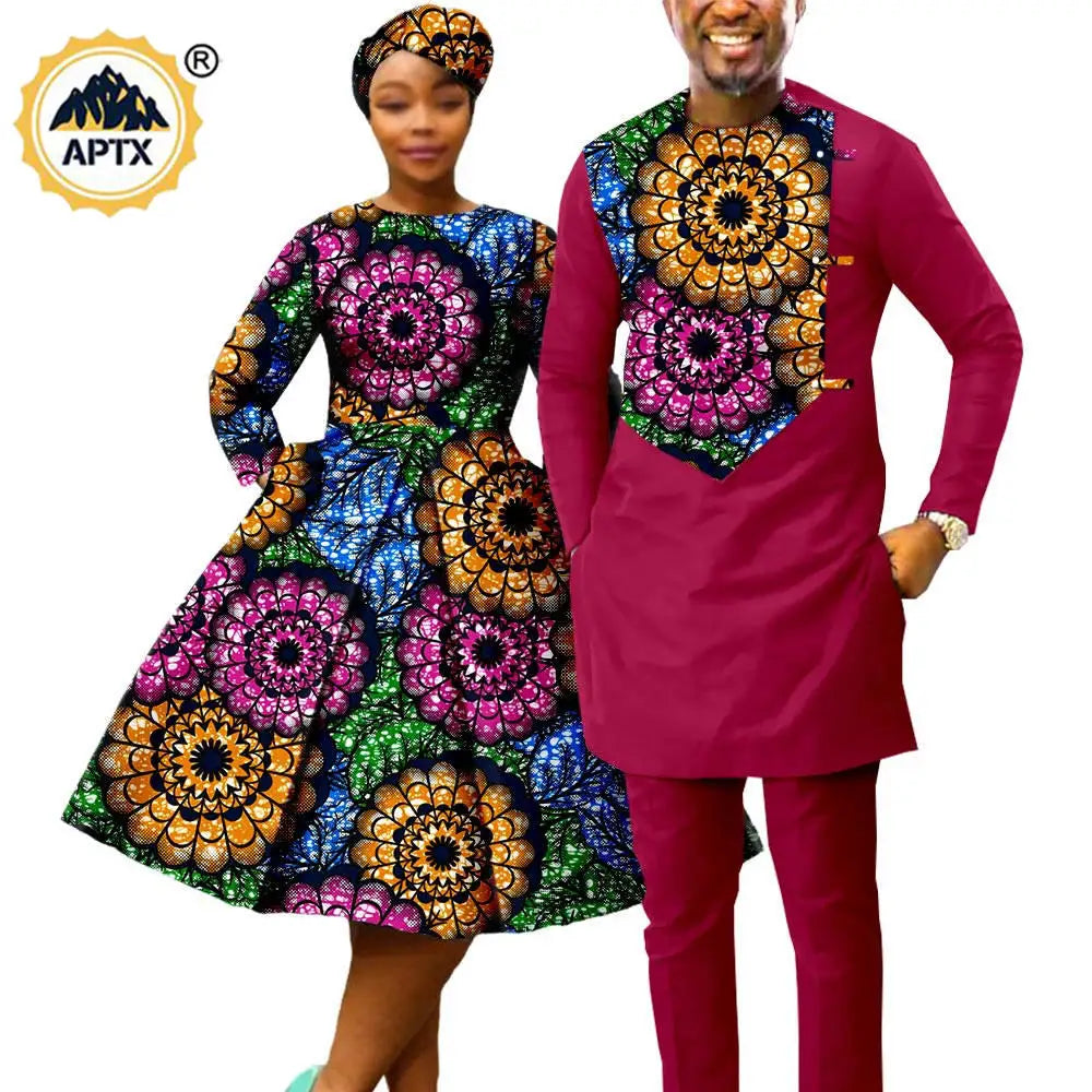 African Print Couples Clothing – Women’s Dress with Headwrap and Men’s Patchwork Top and Pants