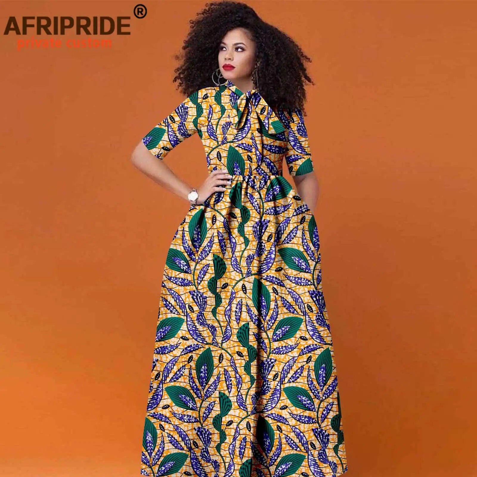 Women’s African Print Maxi Dress – Traditional High Waist Ankara Half Sleeve Attire