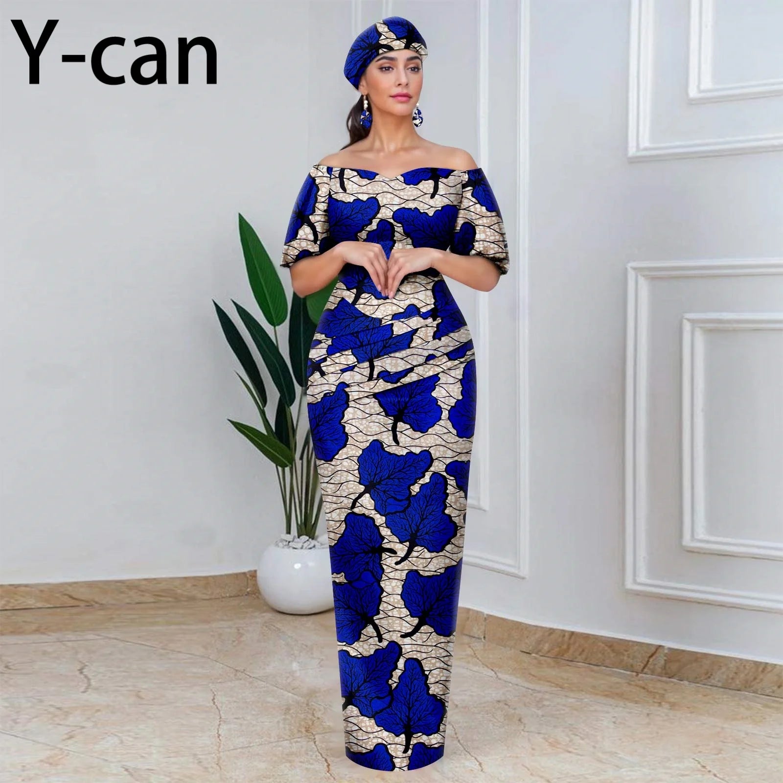 Elegant African Off-Shoulder Maxi Dress with Matching Headscarf & Earrings