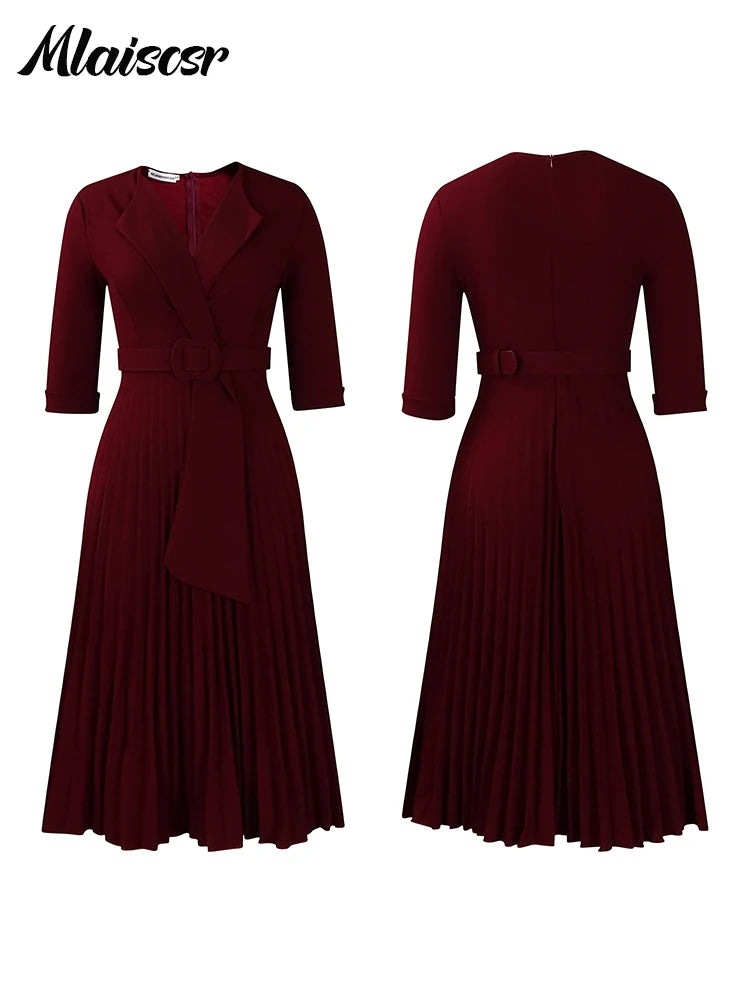 African Pleated A-Line Dress for Women – V-Neck High-Waist Office Dress with Belt