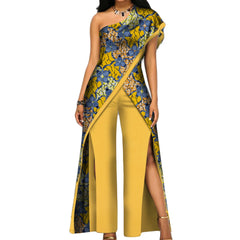 2PC African Women’s Ankara Pant Set – Stylish Off-Shoulder Top and Trousers