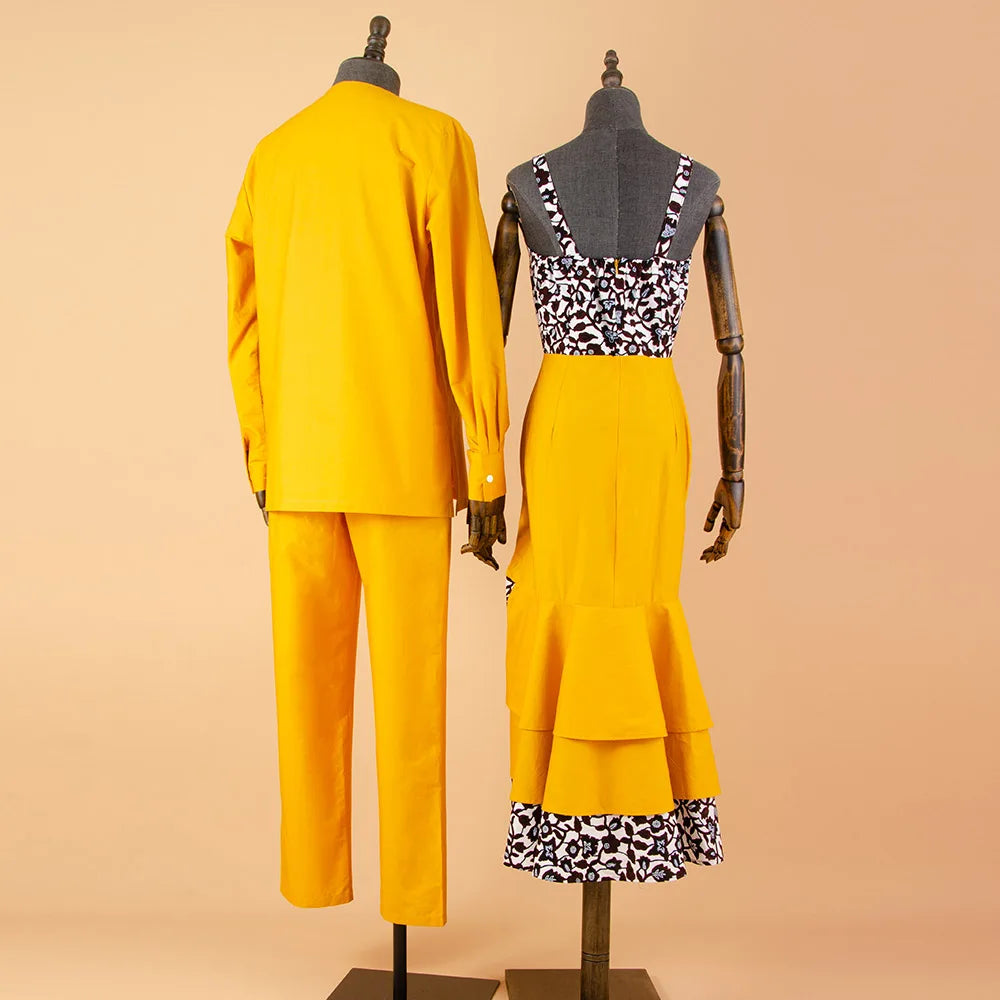 African Couple Matching Outfits – Dashiki Men’s Shirt & Pants Set with Women’s Long Print Dress