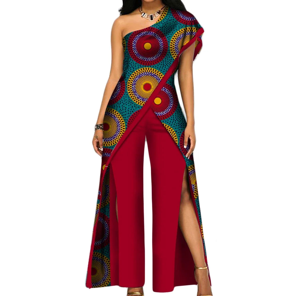 2PC African Women’s Ankara Pant Set – Stylish Off-Shoulder Top and Trousers