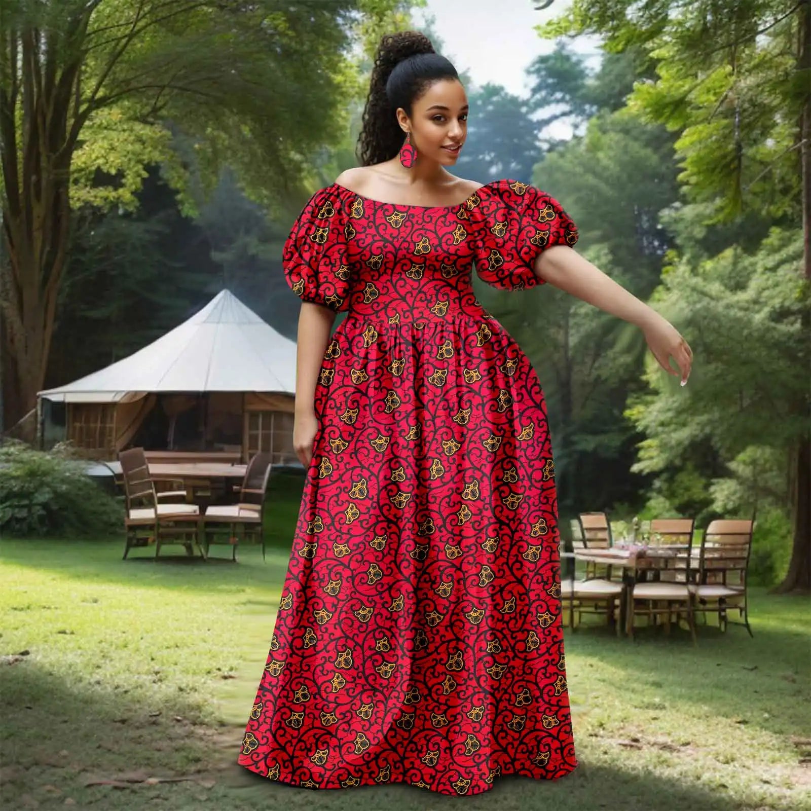 African Women’s Strapless Dress with Bubble Sleeves & Matching Earrings
