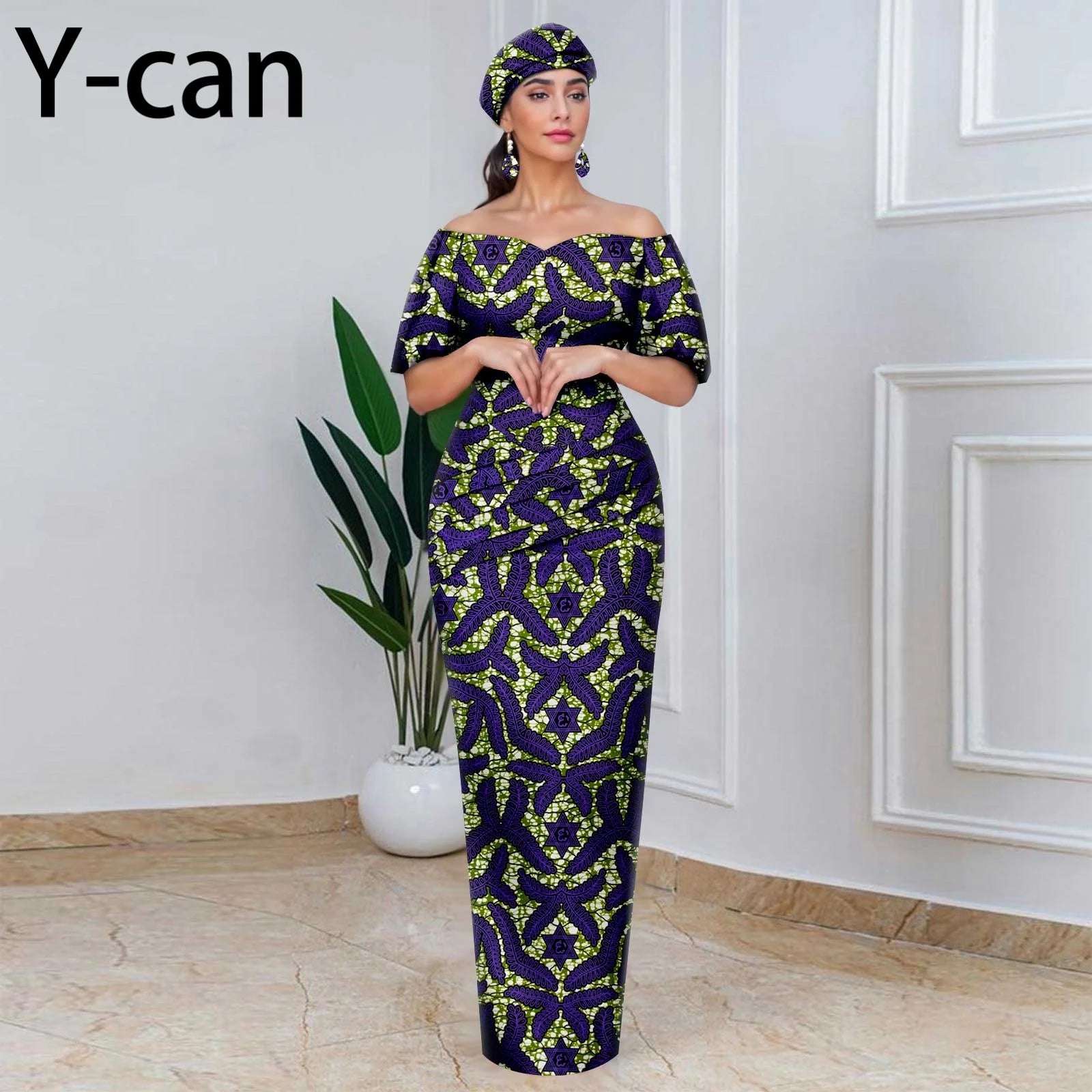 Elegant African Off-Shoulder Maxi Dress with Matching Headscarf & Earrings