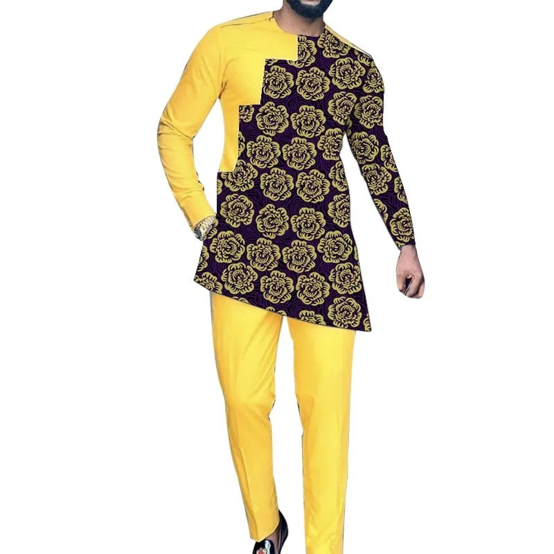 Men’s Bright African Patchwork Outfit – Yellow Pants with Tailored Top, Nigerian Wedding Attire