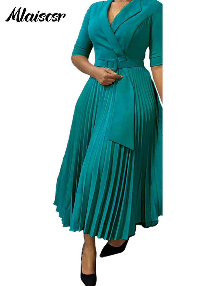 African Pleated A-Line Dress for Women – V-Neck High-Waist Office Dress with Belt