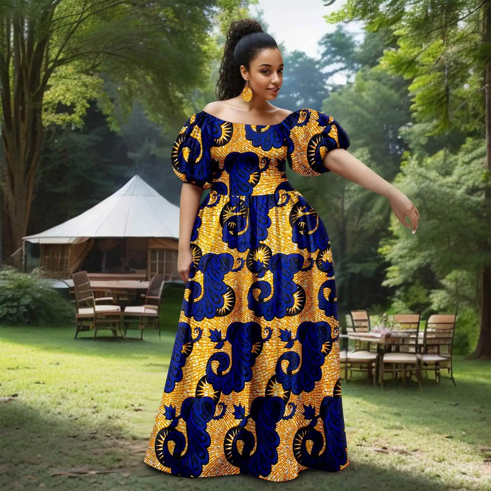 African Women’s Strapless Dress with Bubble Sleeves & Matching Earrings