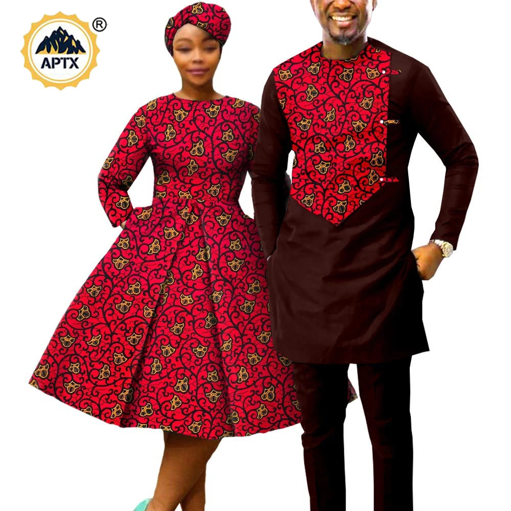 African Print Couples Clothing – Women’s Dress with Headwrap and Men’s Patchwork Top and Pants - Free Delivery Worldwide