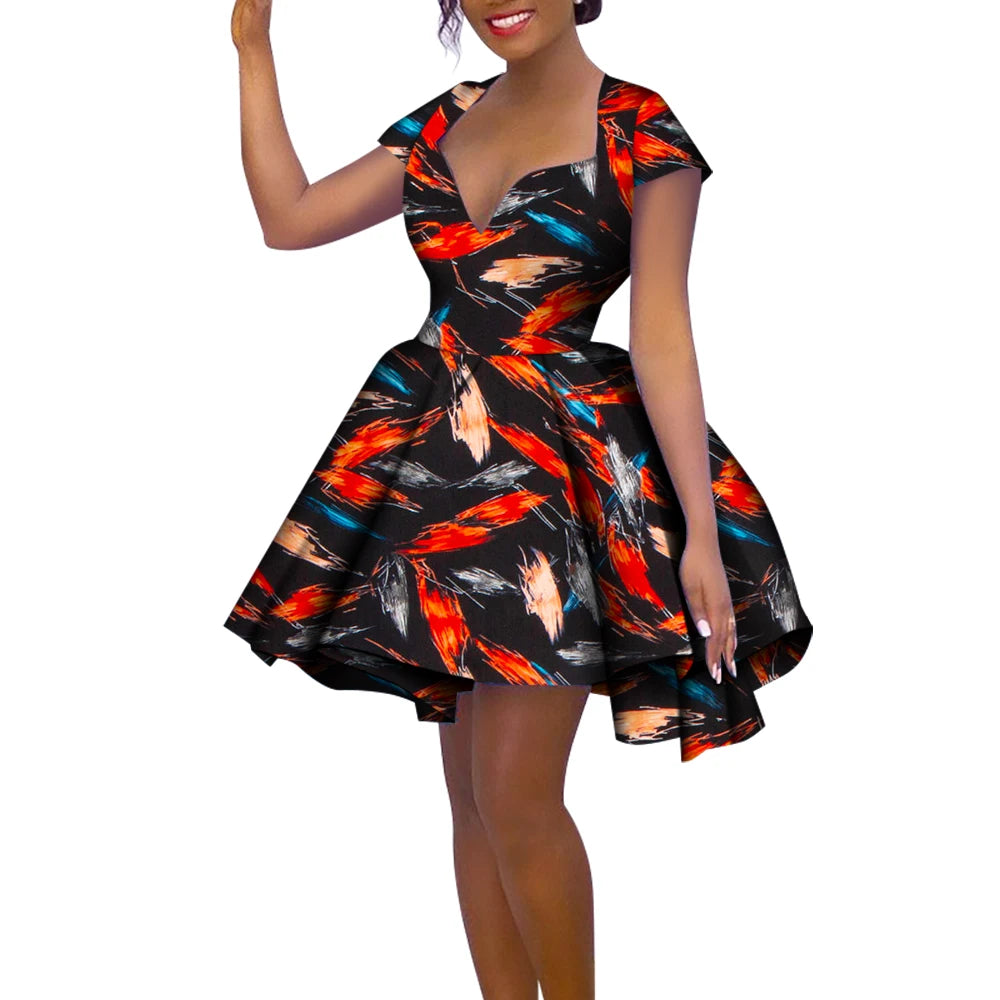 African Women’s Summer Dress – Short Sleeve Ankara Dashiki Print Ball Gown