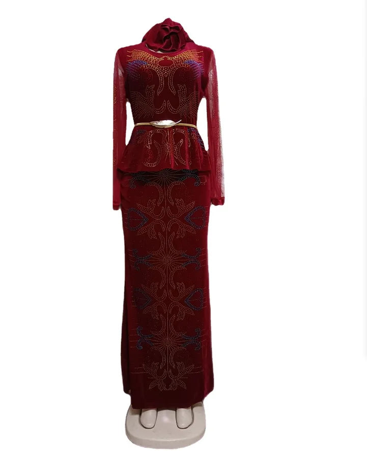 Velvet African Dresses for Women: Summer Fashion Long Sleeve O - Neck Maxi Dress with Matching Headtie - Free Delivery Worldwide only at Flexi Africa