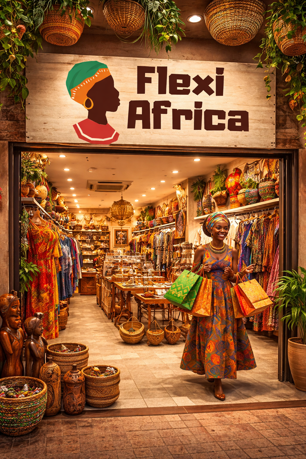 Storefront of Flexi Africa with a woman in traditional attire standing inside.