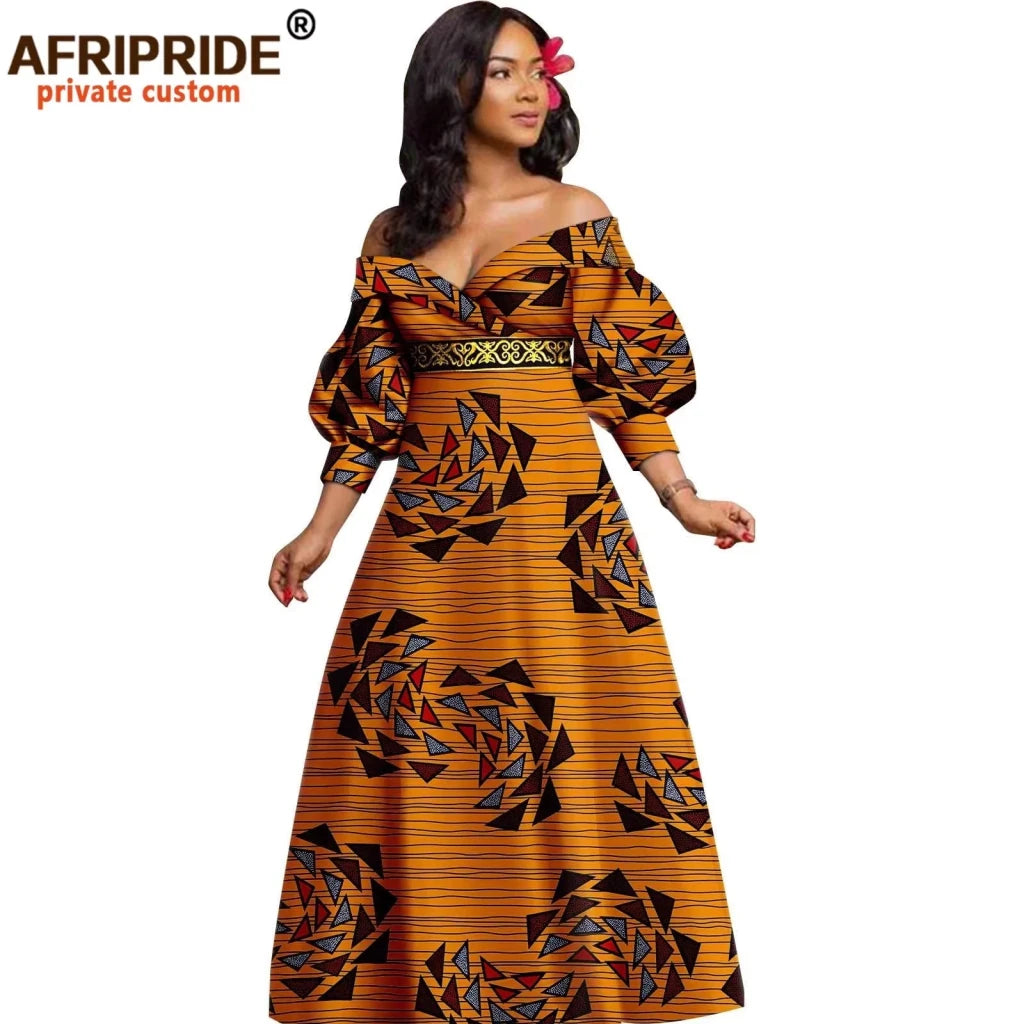 African Ankara Off Shoulder Maxi Dress – Deep V - Neck High Waist Long Dress - Free Delivery Worldwide only at Flexi Africa