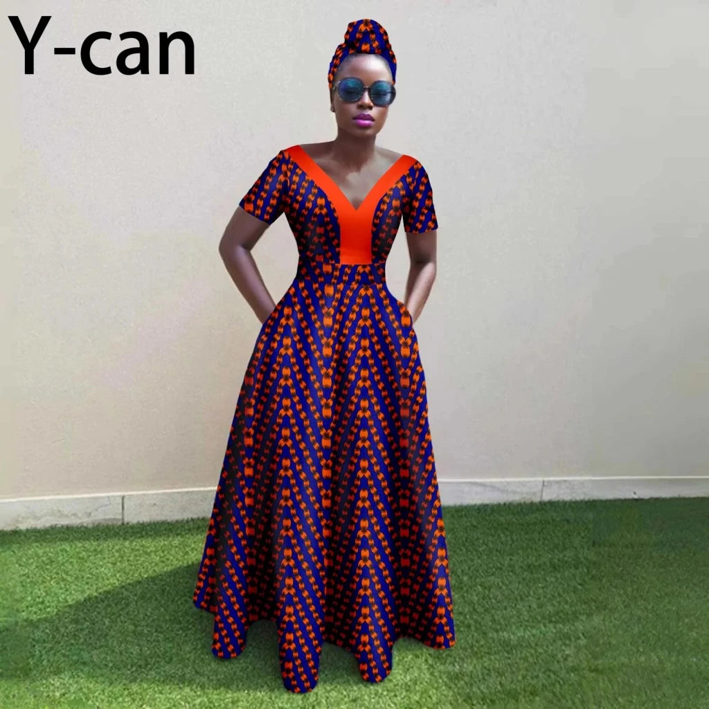 African Ankara Patchwork A - Line Dress – Women’s V - Neck Short Sleeve Party Dress with Headscarf - Free Delivery Worldwide only at Flexi Africa