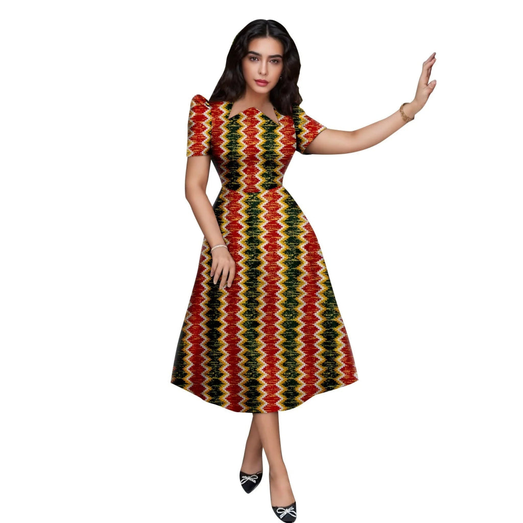 Buy African Print Collar Mid-Calf Dress – Short Sleeve Elegant Party & Casual Wear for only $56.54 at Flexi Africa!